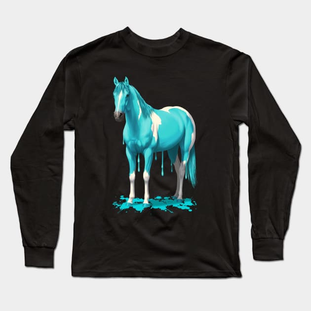 Bright Cyan Blue Pinto Dripping Wet Paint Horse Long Sleeve T-Shirt by csforest